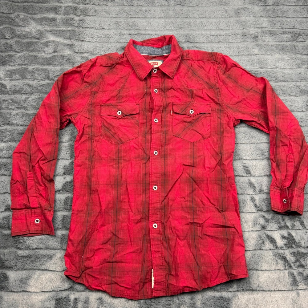 Levis Boys Red Plaid Western Long Sleeve Button Down Shirt Size L 12-13 Yrs